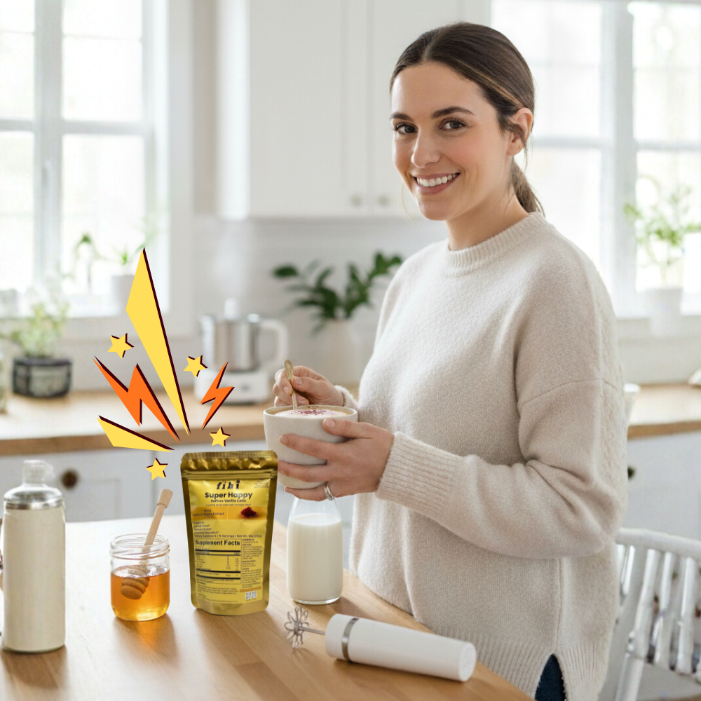 Cute lady making her Fihi Super Happy drink with Affron Saffron Vanilla Mix