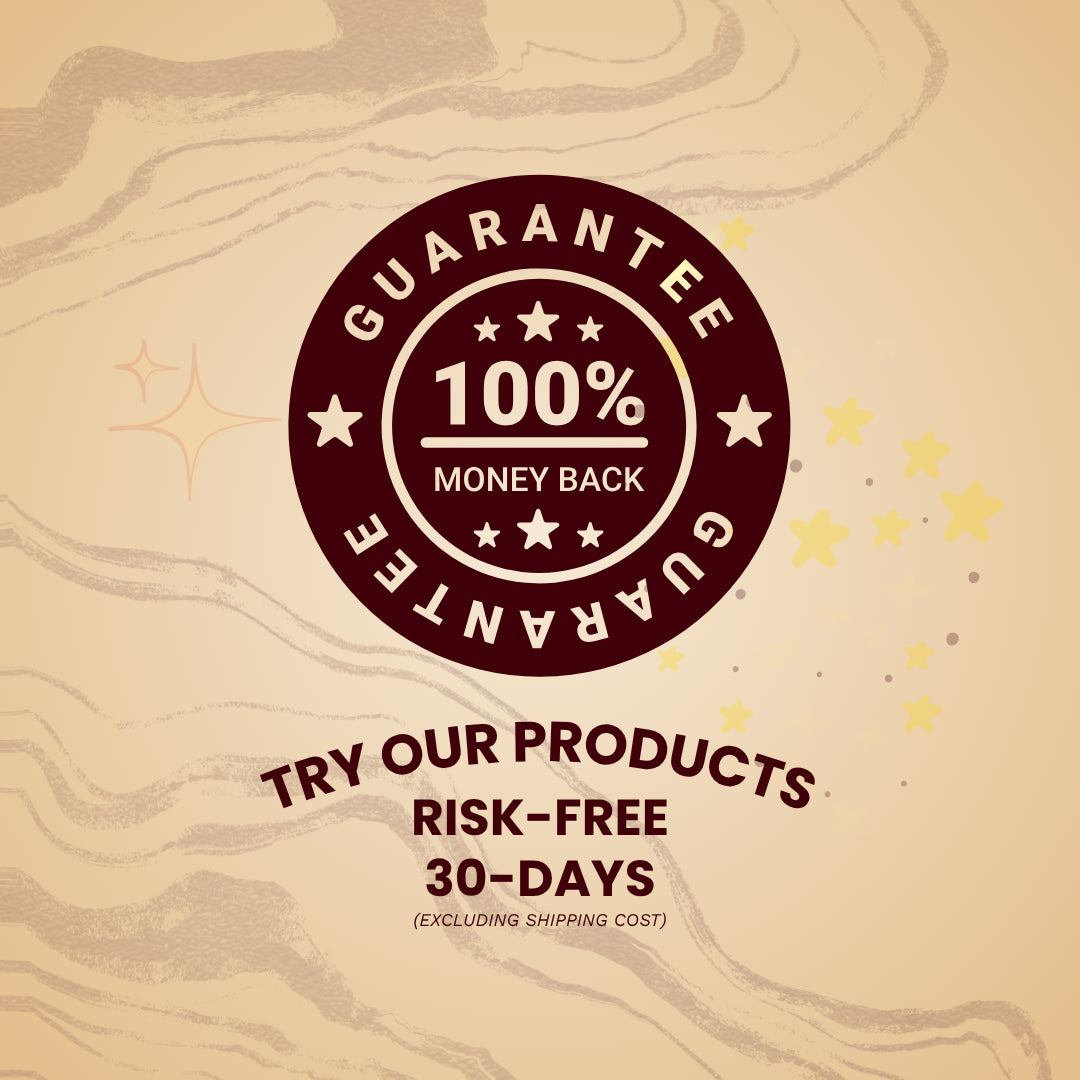 100% Money-Back Guarantee badge for FIHI Nutrition’s Superfood Lattes – enjoy risk-free wellness with plant-powered blends.