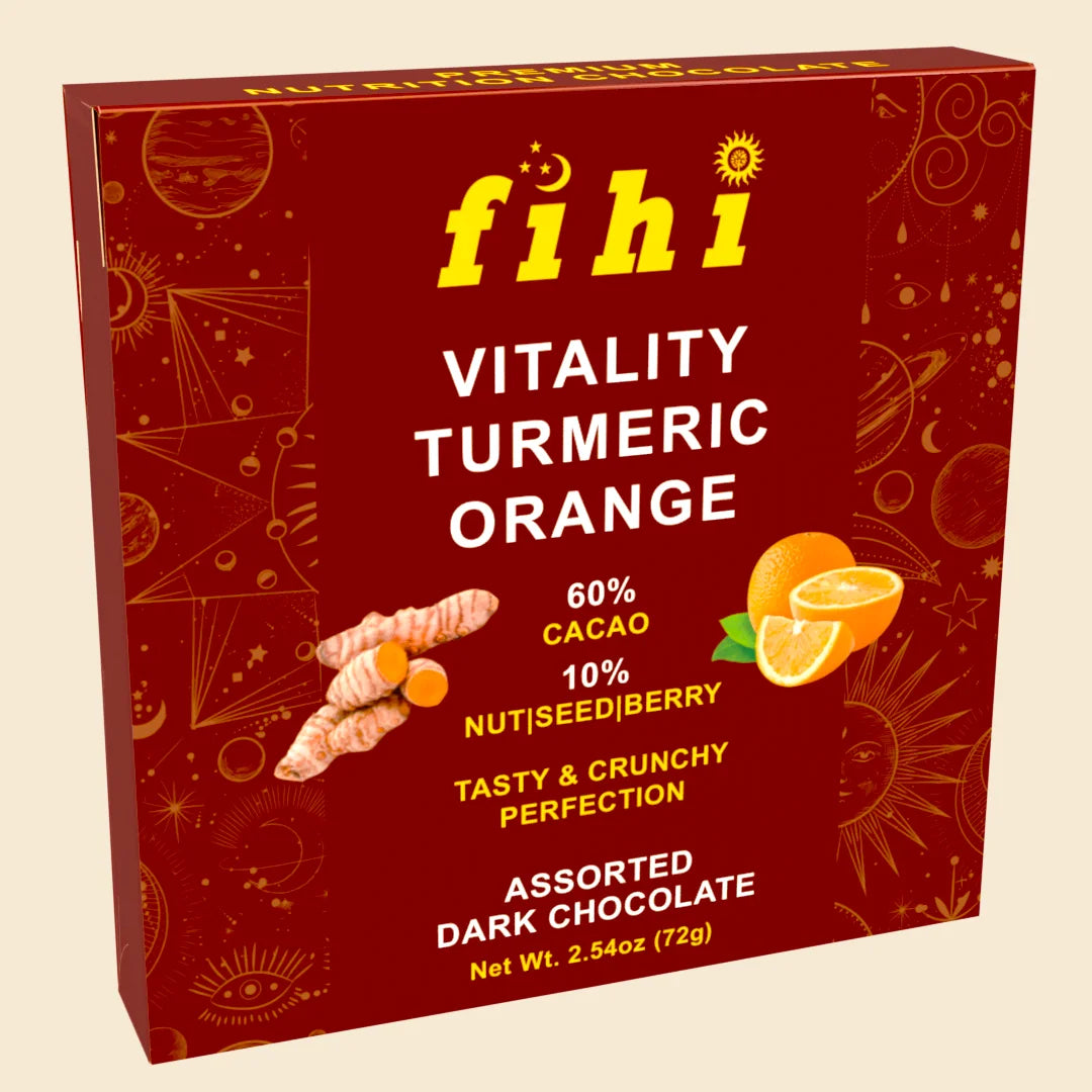 Vitality Turmeric Orange Assorted Dark Chocolate by FIHI – functional superfood chocolate infused with turmeric and orange oil for a zesty, wellness-boosting treat.