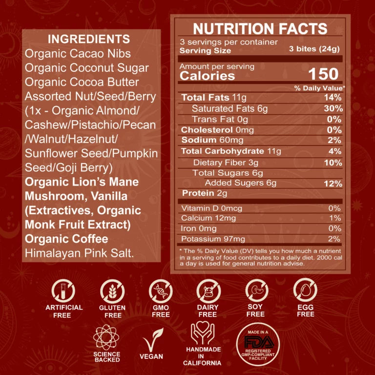 Nutrition label of FIHI Focus Lion’s Mane Coffee Assorted Dark Chocolate showing key values like calories, fats, sugars, and ingredients including maca, cacao, and lemon oil.