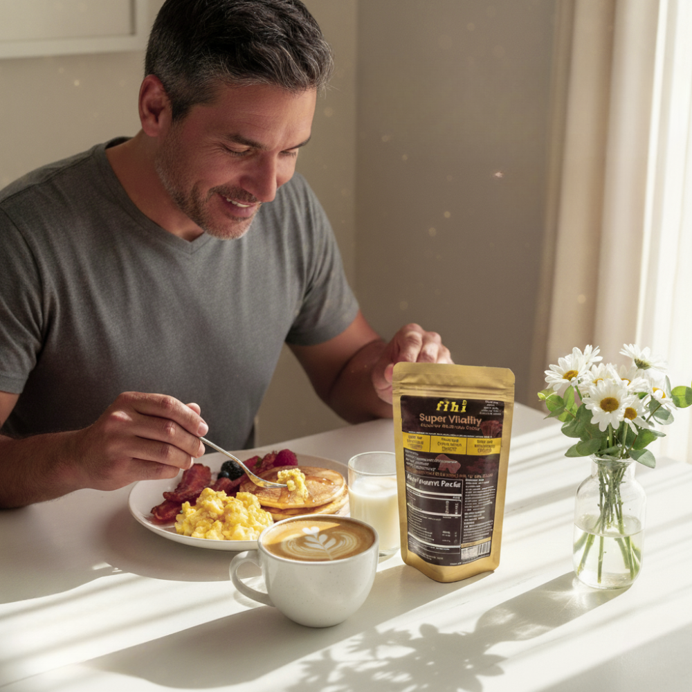 Man enjoying a breakfast with scrambled eggs, bacon, and a latte, with a package of Super Vitality on the table.