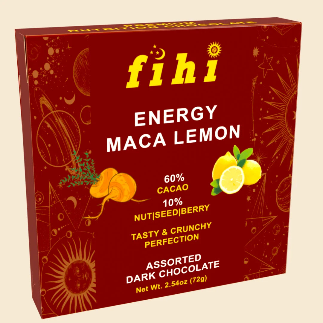 Energy Maca Lemon Assorted Dark Chocolate by FIHI – superfood-infused bites with organic maca root, rich cacao, lemon oil, and crunchy nuts, seeds, and berries for a refreshing, energizing snack.
