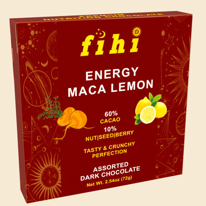 Energy Maca Lemon Assorted Dark Chocolate by FIHI – superfood-infused bites with organic maca root, rich cacao, lemon oil, and crunchy nuts, seeds, and berries for a refreshing, energizing snack.