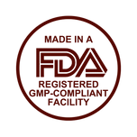 Logo indicating FDA registration and GMP compliance on a white background
