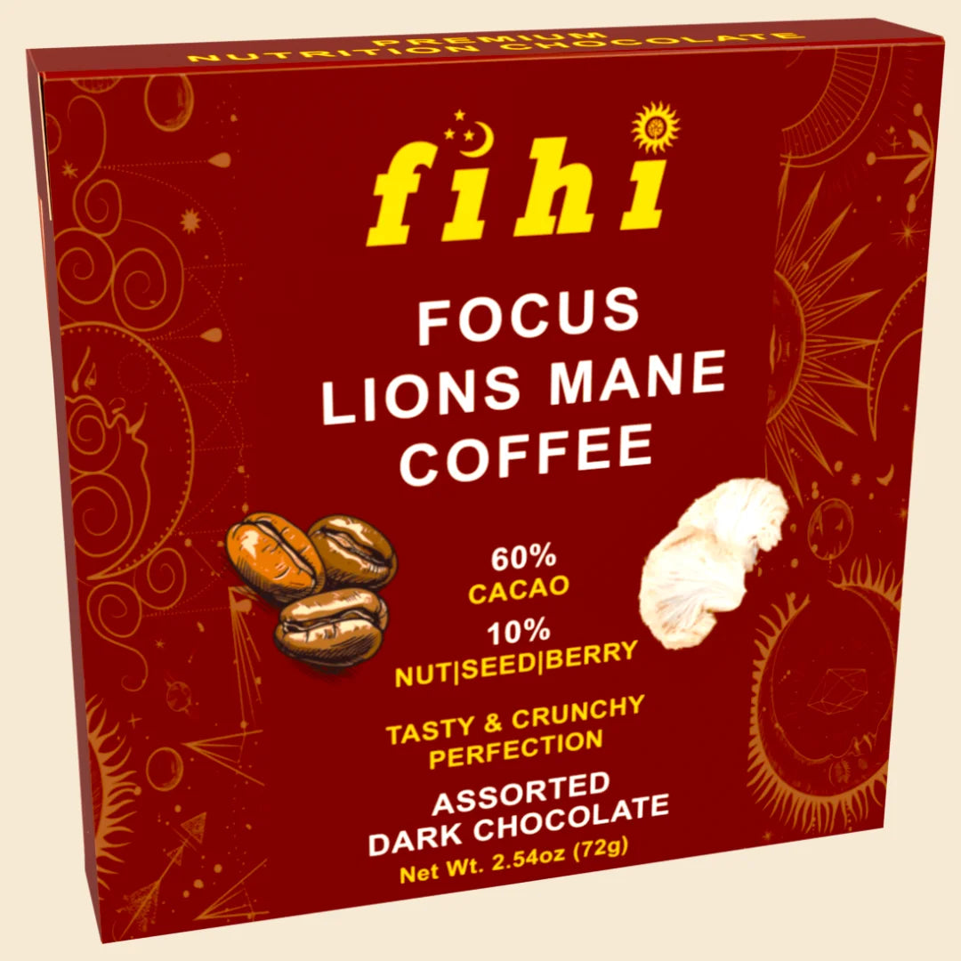 FIHI Nutrition Focus Lion’s Mane Coffee Assorted Dark Chocolate – energizing superfood chocolate with maca, rich cacao, lemon oil, and crunchy nuts, seeds, and berries.