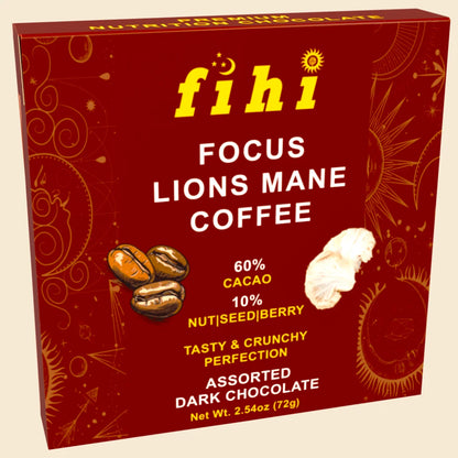FIHI Nutrition Focus Lion’s Mane Coffee Assorted Dark Chocolate – energizing superfood chocolate with maca, rich cacao, lemon oil, and crunchy nuts, seeds, and berries.
