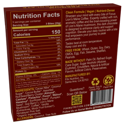 Nutrition label of FIHI Focus Lion’s Mane Coffee Assorted Dark Chocolate showing key values like calories, fats, sugars, and ingredients including maca, cacao, and lemon oil.