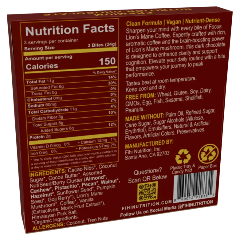 Nutrition label of FIHI Focus Lion’s Mane Coffee Assorted Dark Chocolate showing key values like calories, fats, sugars, and ingredients including maca, cacao, and lemon oil.