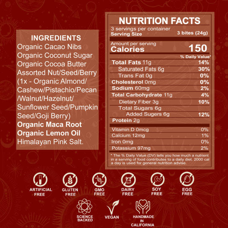 Nutrition facts and ingredient list for a product on a red background with certification icons.