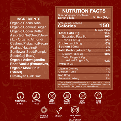 Nutrition facts label and ingredient list on a red background with various certification logos.
