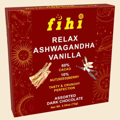 Relax Ashwagandha Vanilla Assorted Dark Chocolate by FIHI – handcrafted superfood chocolate infused with raw ashwagandha root, vanilla, and rich cacao for natural stress relief and calming indulgence.