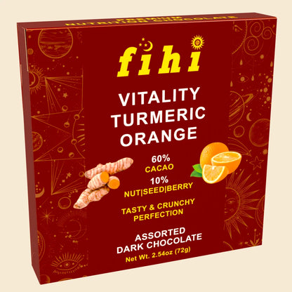 Vitality Turmeric Orange Assorted Dark Chocolate by FIHI – functional superfood chocolate infused with turmeric and orange oil for a zesty, wellness-boosting treat.